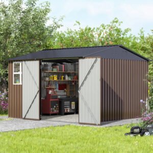 10 Ft. W X 10 Ft. D Brown Metal Storage Shed With Sloping Roof And Double Lockable Door (100 Sq. Ft.)