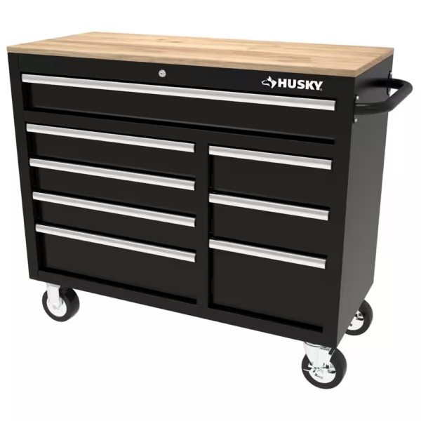 42 In. W X 18.1 In. D 8-Drawer Black Mobile Workbench Cabinet with Solid Wood Top