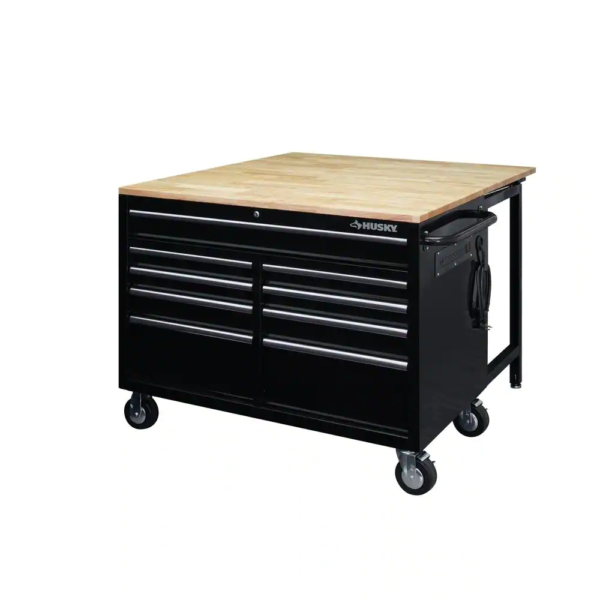 46 In.W X 51 In. D Standard Duty 9-Drawer Mobile Workbench with Solid Top Full Length Extension Table in Black