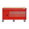 61 In. W X 22.1 in D Standard Duty 7-Drawer 1-Door Mobile Workbench Tool Chest with Solid Wood Top in Gloss Red