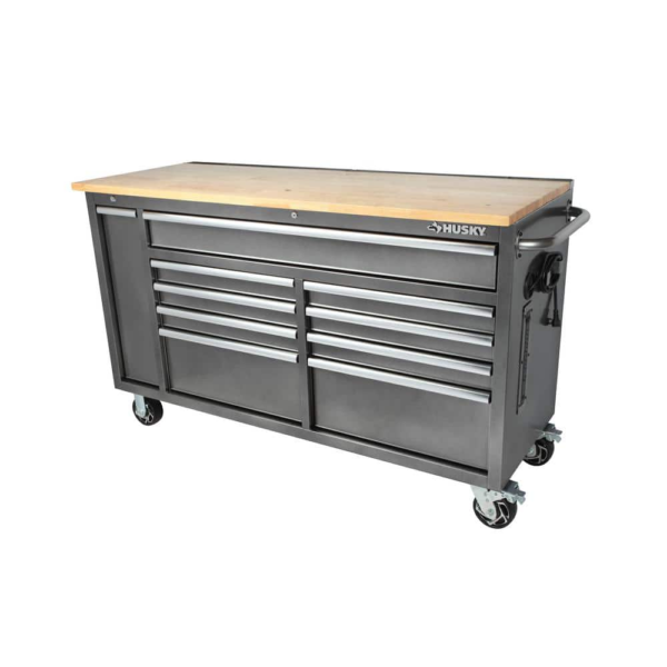 61 In. W X 24 In. D Standard Duty 10-Drawer Mobile Workbench Tool Chest with Sliding Bin Storage Drawer in Silver