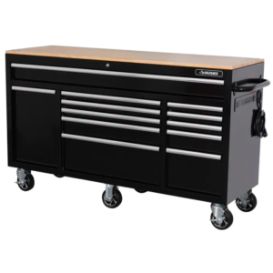 62 In. W X 20 In. D 12-Drawer Gloss Black Mobile Workbench Cabinet with Solid Wood Top and Power Drawer