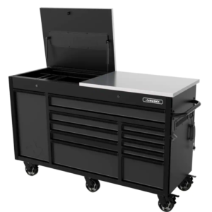 63 In. W X 23 In. D Heavy Duty 11-Drawer Mobile Workbench Cabinet with Flip-Top Stainless Steel Top in Matte Black