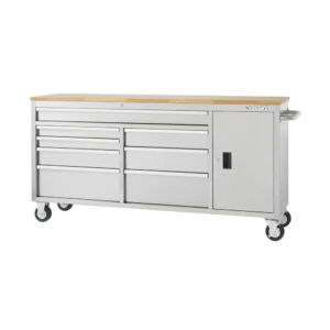 72 In. W X 18 In. D Heavy Duty 8-Drawer 1-Door Mobile Workbench Tool Chest with Solid Wood Top in Stainless Steel