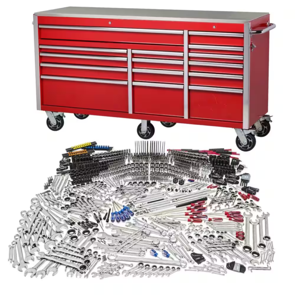 72 In. W X 24 in D Heavy Duty 15.-Drawer Mobile Workbench with Mechanics Tool Set (1,025-Piece) in Gloss Red