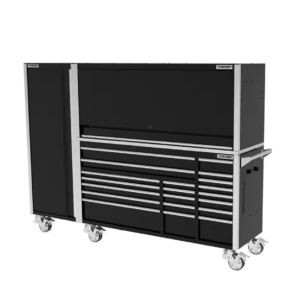 72 In. W X 24.5 In. D Professional Duty 20-Drawer Mobile Workbench Combo W/ Side Locker and Top Hutch in Gloss Black