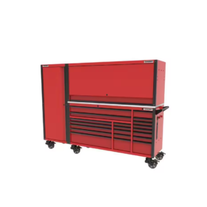 72 In. W X 24.5 In. D Professional Duty 20-Drawer Mobile Workbench Combo with Side Locker and Top Hutch in Gloss Red