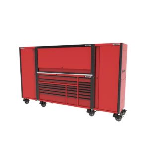 72 In. W X 24.5 In. D Professional Duty 20-Drawer Mobile Workbench Tool Chest with 2 Side Lockers and Top Hutch in Red