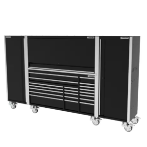 72 In. W X 245 In. D Professional Duty 20-Drawer Mobile Workbench with 2 Side Lockers and Top Hutch in Gloss Black