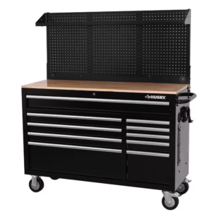 Modular 52 In. W 10-Drawer Black Mobile Workbench Cabinet with Pegboard