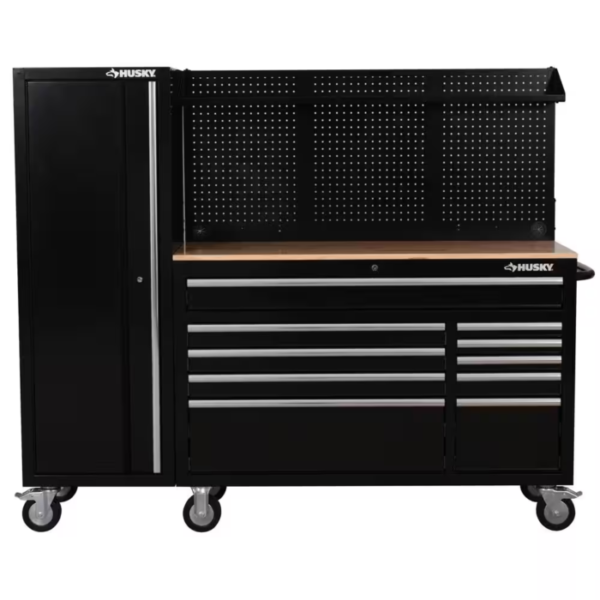 Modular 72 In. W 10-Drawer Black Mobile Workbench Cabinet with Pegboard and 20 In. Side Locker