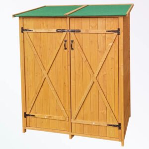 Wooden shed with two doors and shelves